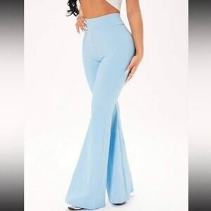 NWT Shein Sky Blue Flare Pants Ribbed High Waist Stretch Leggings Size Small